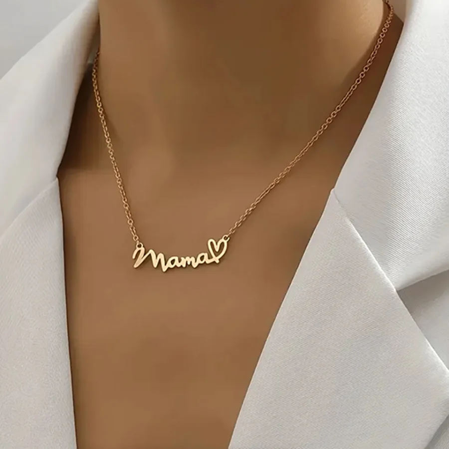 Halskette mit Mama-Herz-Anhänger aus Edelstahl – goldene minimalistische Schlüsselbeinkette, Charm-Schmuck zum Muttertag, Valentinstag
