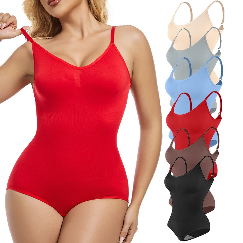 Women Seamless Sleeveless V-Neck Bodysuit Shapewear Tummy Control Sculpting Body Shaper Tank Top Red Blue