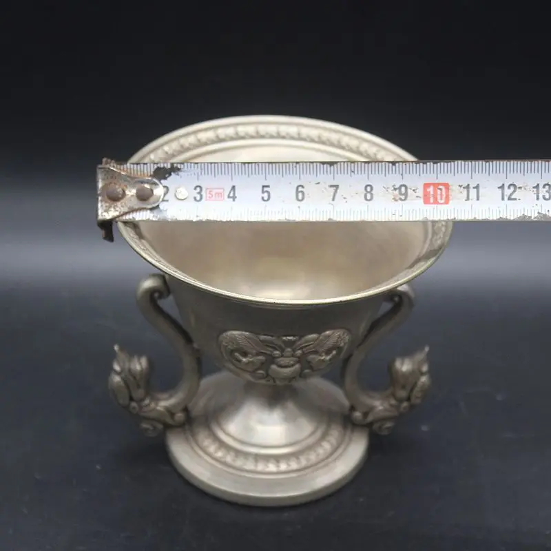Vintage Silver Goblet Double Dragon Handle Bat Pattern Wine Cup Chinese Antique Feng Shui Altar Cup Ritual Offering Vessel Decor