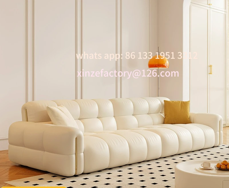 

Customizable light luxury chocolate piano key sofa straight row small apartment living room cream wind puff leather sofa