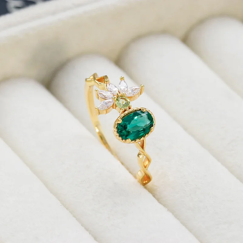 

Fine Rings for Women 925 Sterling Silver Gold Plated Party Accessories Flower Natural Green Crystal Gemstone Ring RI225