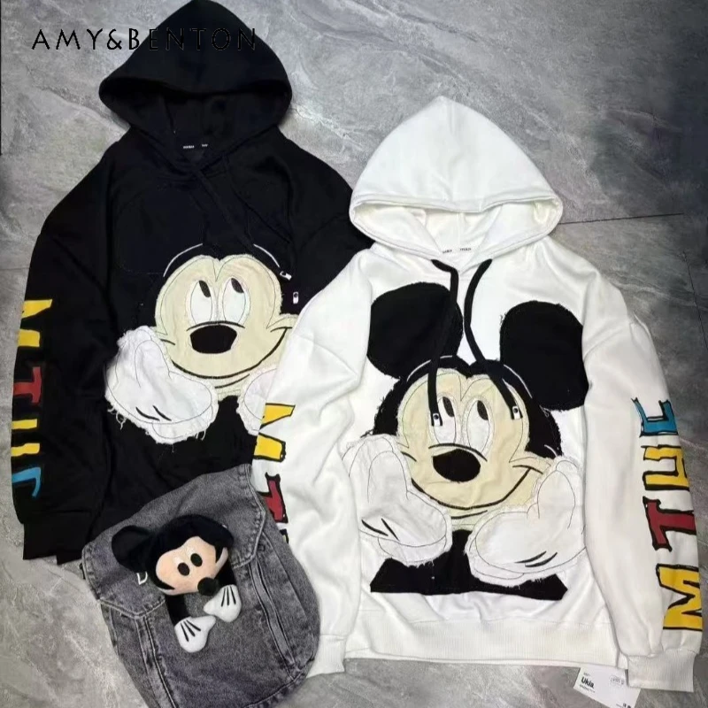

2025 Trendy Fashion Winter New Large Loose Hoodies Jacket Heavy Industry Cartoon Patchwork Fleece Warm Sweatshirt Top Pullovers