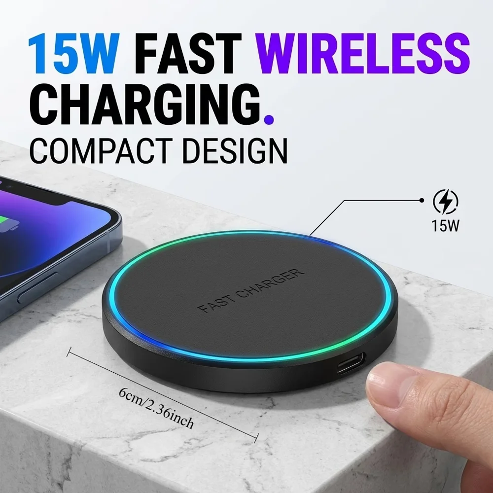 15W Fast Wireless Charger Pad, 6cm Ultra‑Slim Mini Portable Type‑C Input Compact Travel Desktop Charger for iPhone Samsung AirPo