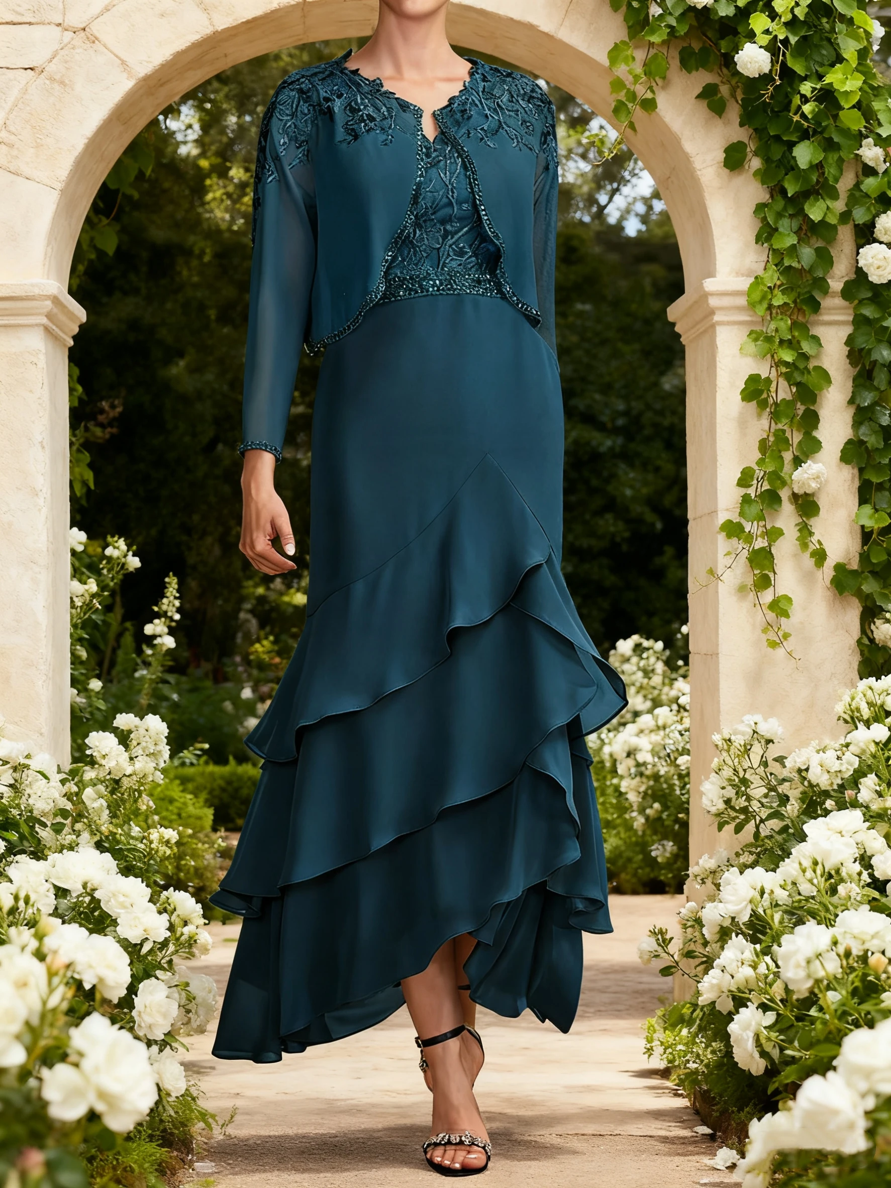 

Women's Lace Mother of The Groom Dresses with Jacket V Neck Long Sleeves Wedding Guest Dress