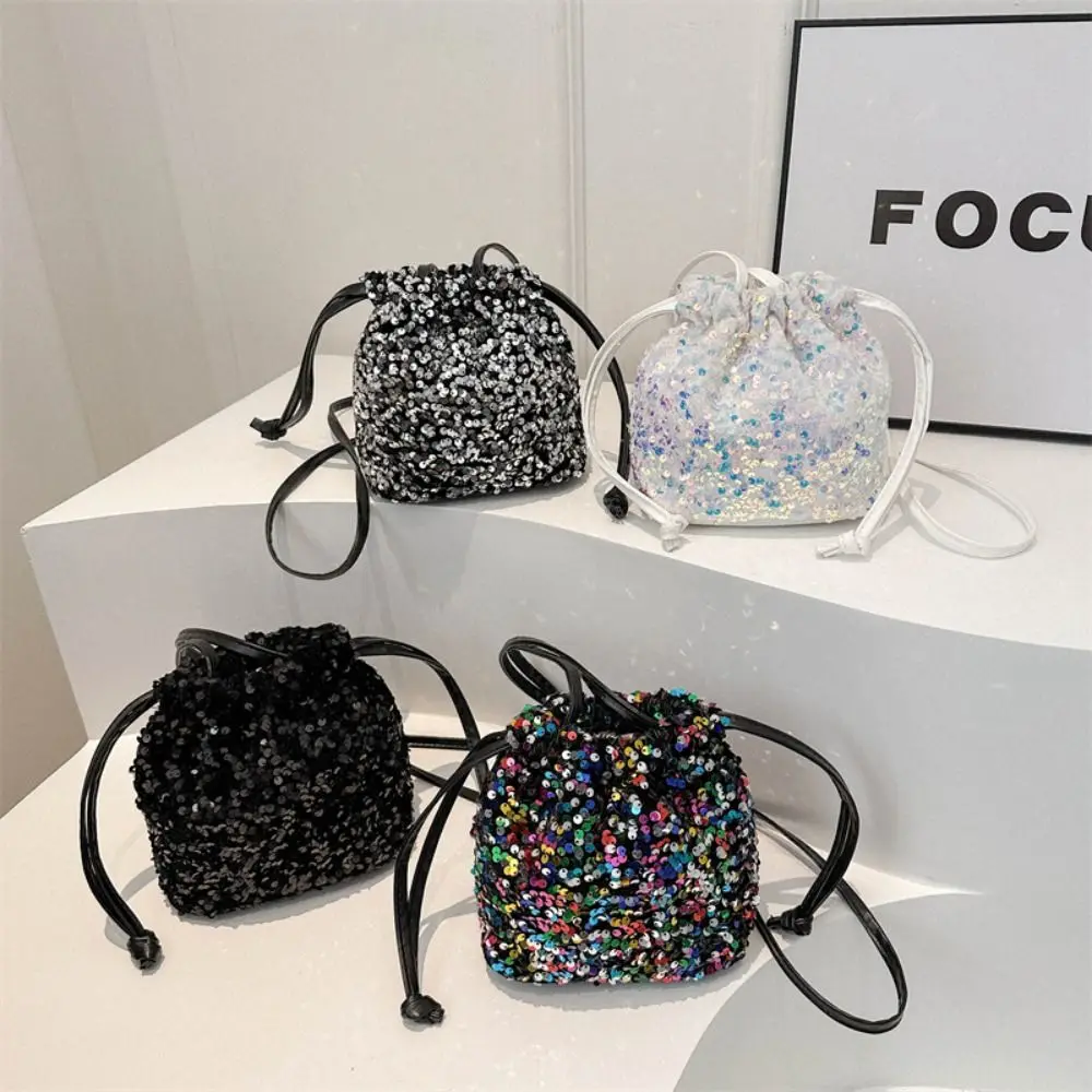 New Japanese Fashion Sequin Shoulder Bag for Girls Shiny Drawstring Crossbody Bag Women Underarm Mini Bucket Bag Phone Purse
