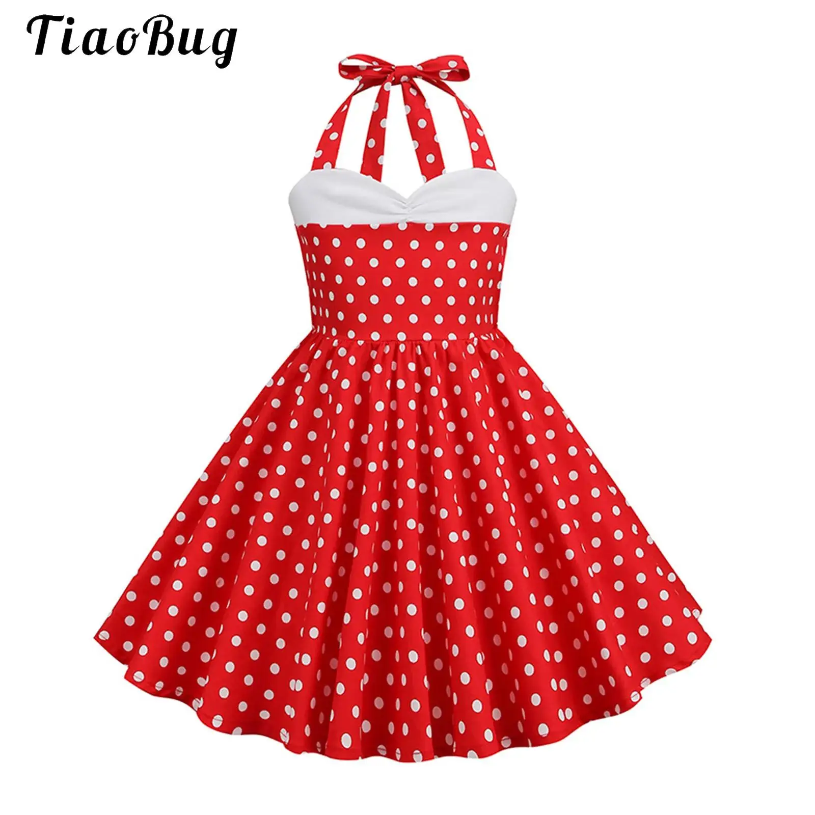 

Kids Vintage Dress 50s Rockabilly Dress Girls Retro Polka Dot Halter Evening Party Cocktail Christmas Wedding A-Line Midi Dress