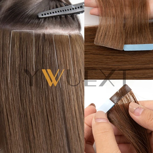 YWUEXT-extensiones de cabello de trama de piel sintética Invisible, máquina recta Natural, cinta adhesiva sin costuras Remy en cabello humano, 10 unidades por paquete