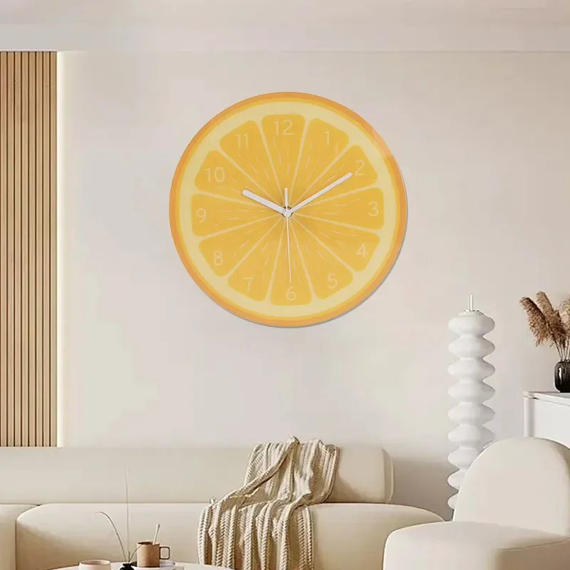 for Cross-border Light Luxury Household Wall Mounted Fashion Tempered Glass Decorative Clock Creative Lemon Silent Restaurant