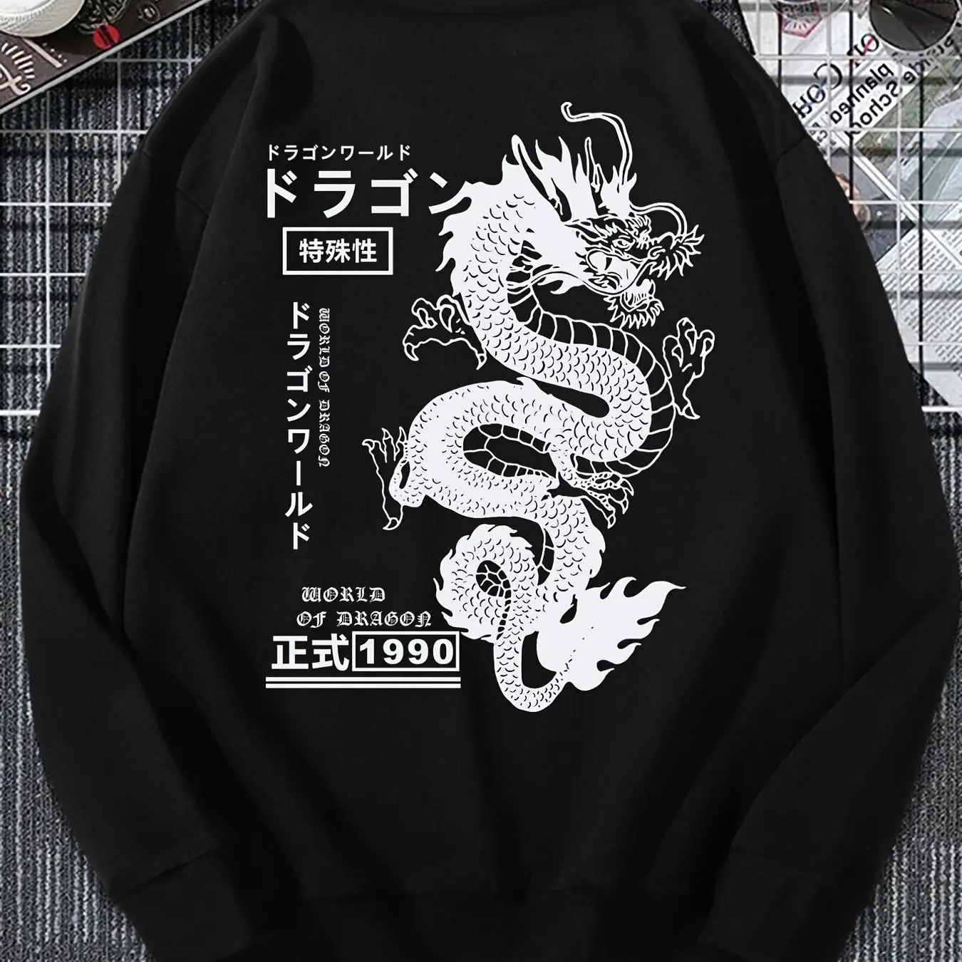 Pullover Sweatshirt For Men Japanese Characters Chinese Dragon Graphic T-Shirt Long Sleeve Oversized Pullover Casual Sweatshirts