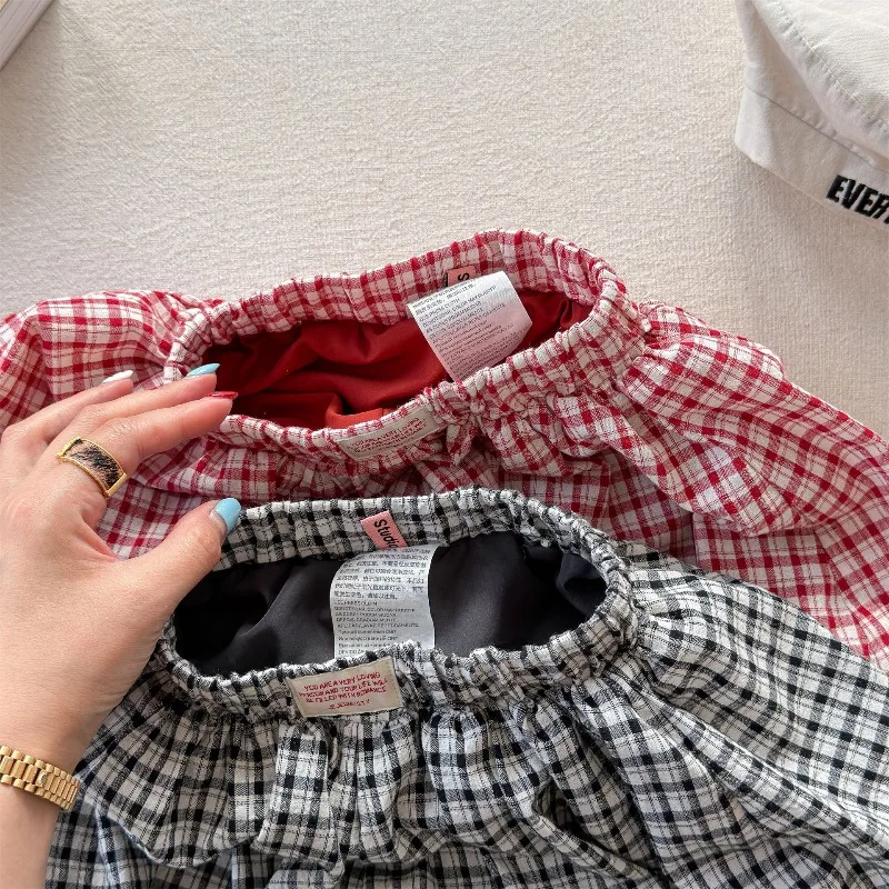2026 Neue Sommer-Shorts für Babymädchen mit Karomuster, Urlaubs-Strandshorts im Koreanischen Stil, Laternenrock-Shorts für Kleinkinder, Kinderkleidung – Detail 7