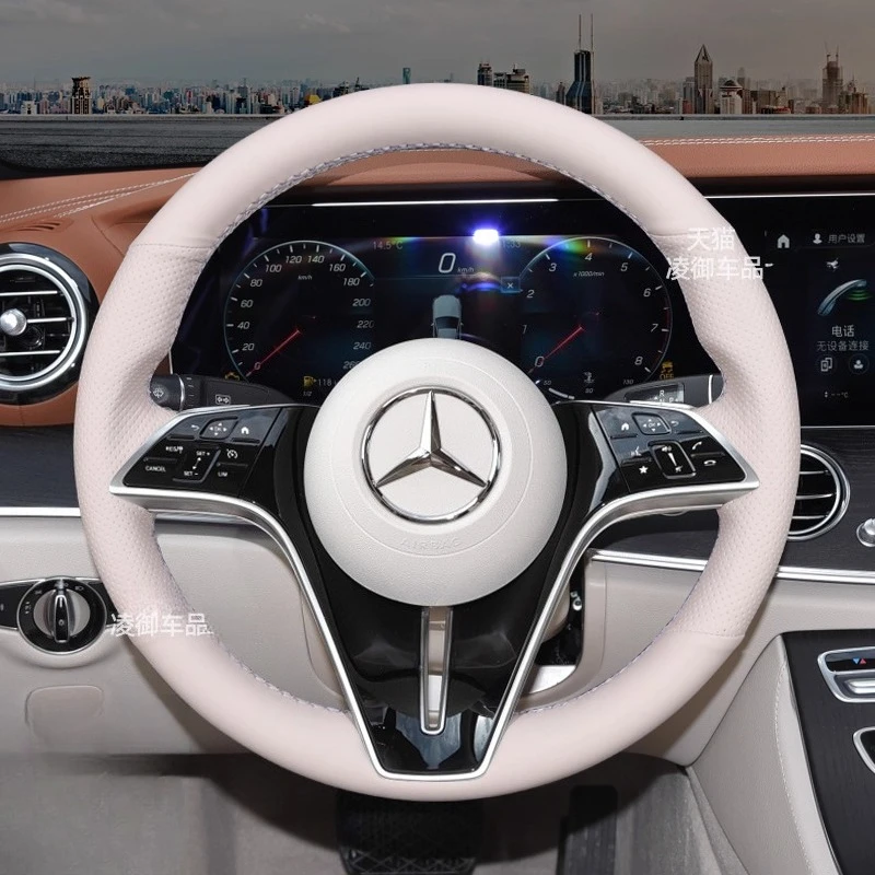 

For Mercedes benz S-Class S400 S450 S500L GLE450 E300L Hand Stitched white Genuine Leather Non-slip Car Steering Wheel Cover