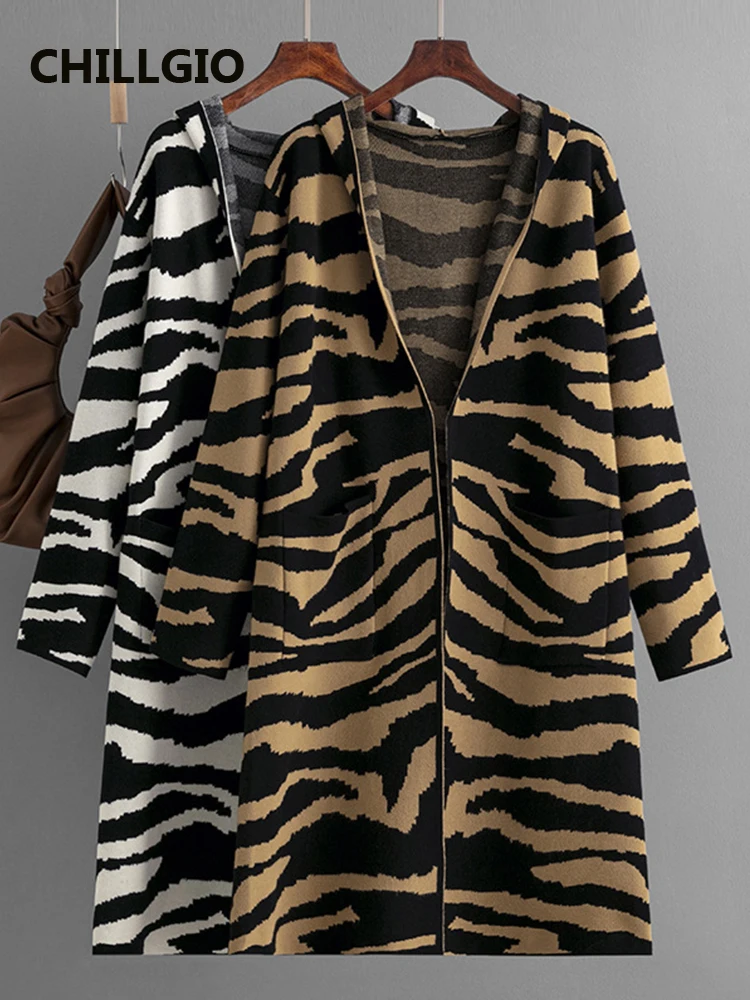 

CHILLGIO Women Zebra Print Knitted Hooded Cardigans Fashion Streetwear Long Sleeves Loose Knitwear Vintage Winter Warm Sweater