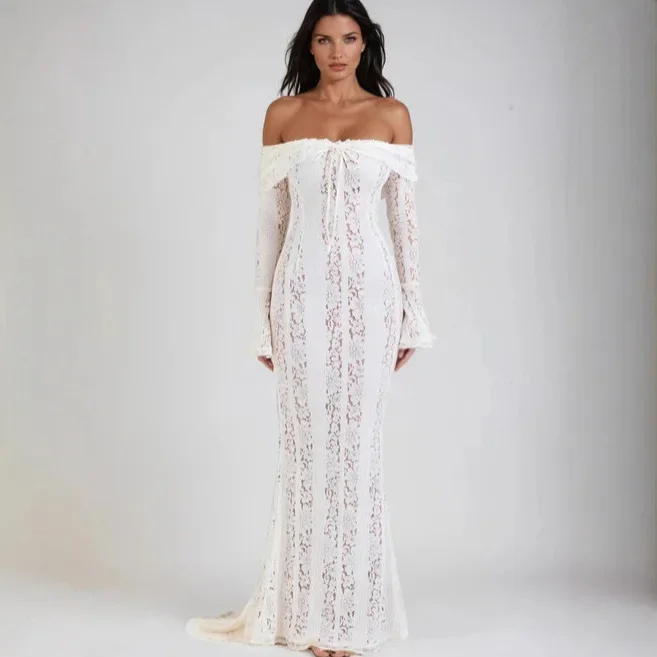 Women Party Long Dress Slash Neck Flare Sleeve Lace Hollow Out Evening Gown Spring Summer Sexy Vestidos 2026