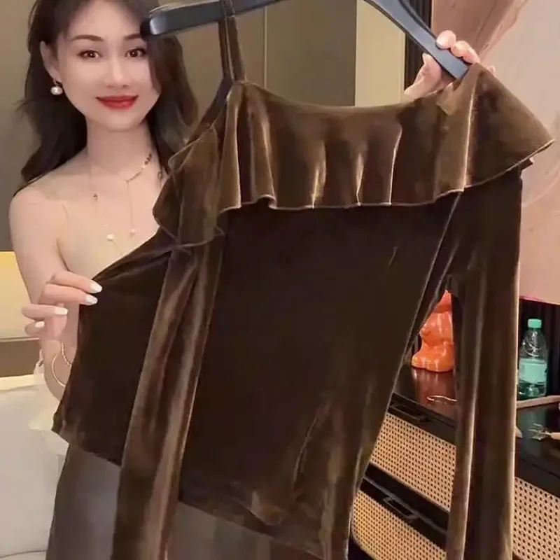 Spring New Red Velvet Long Sleeved Shirt, French Off Shoulder Small Shirt, Sexy All Match Fashion Elegant Popularity Top