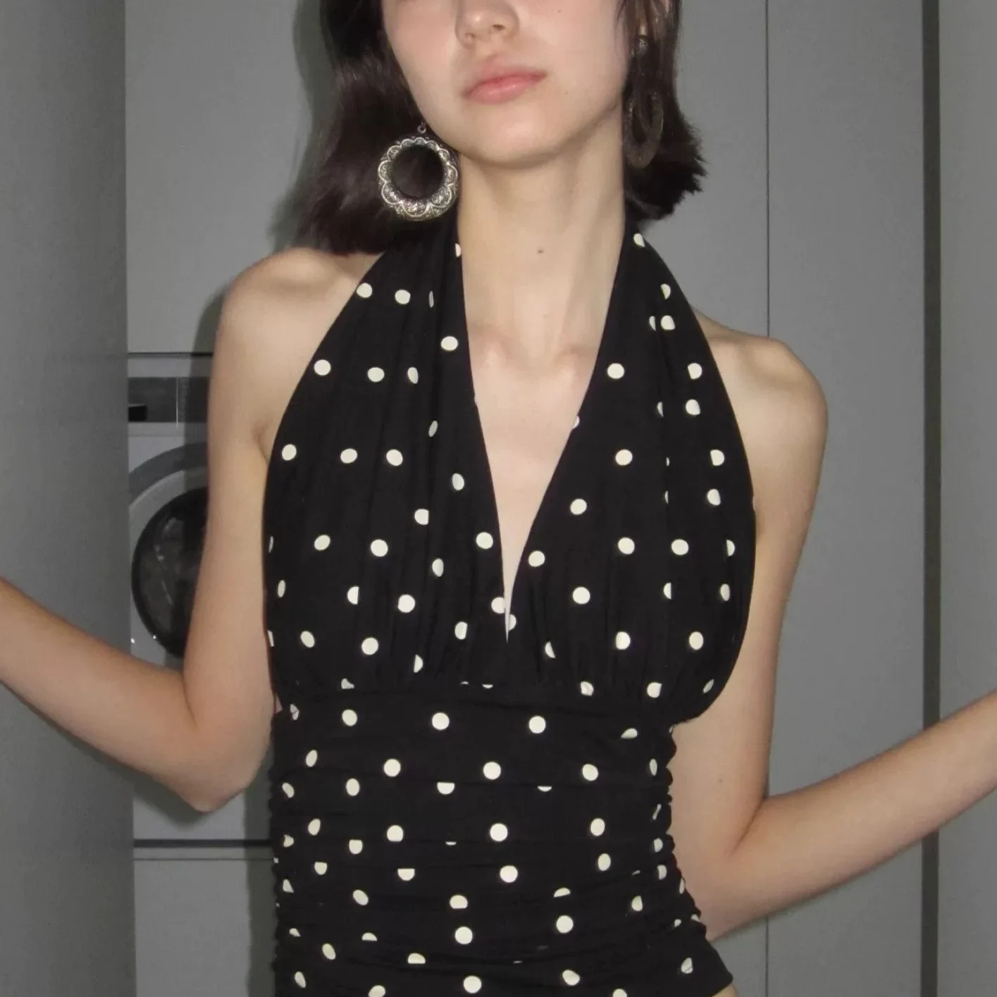 

2025 summer new V-neck sleeveless polka dot sling vest female Spice Girl slim neck top