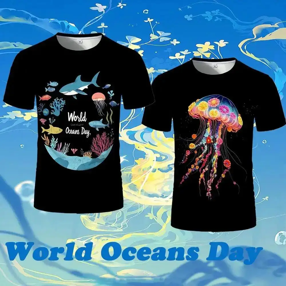 

Fun Ocean Fantasy Art Design Graphic Kid's Clothes Men's Casual Breathable Short-sleeved Unisex Y2K Streetwear Round Neck Tops
