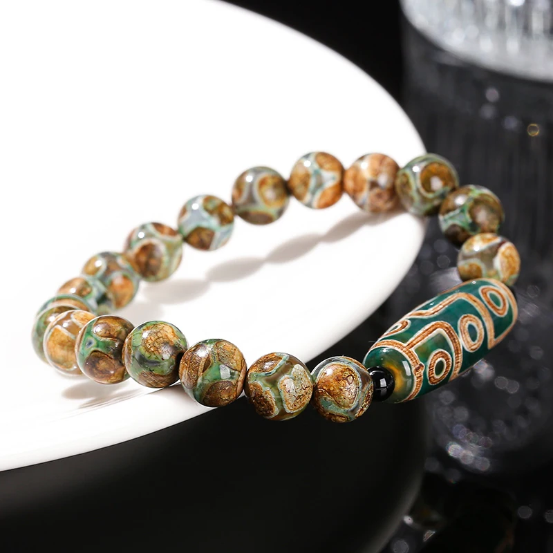 JD Natural Green Nine Eyes Tibetan Dzi Agate Barrel Beads Bracelet Women Men Retro Healing Buddha Prayer Charm Yoga Jewelry Gift