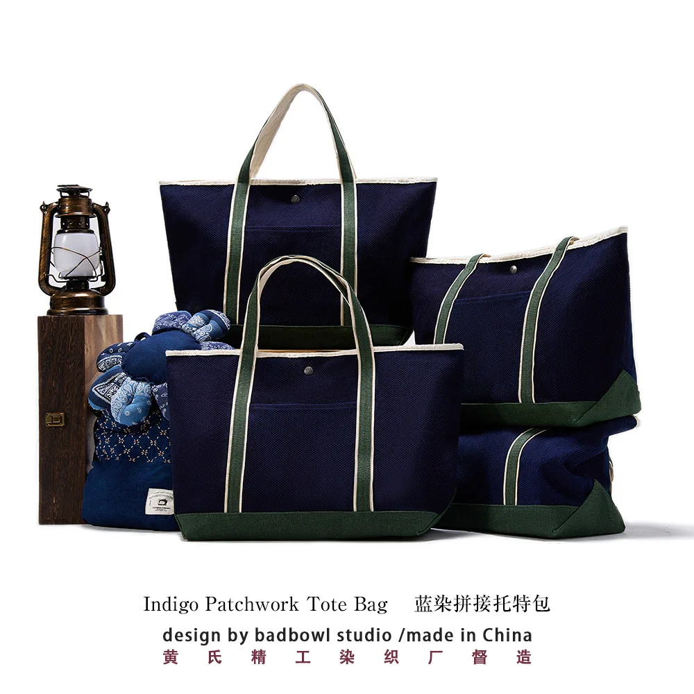Limited Edition Indigo Handmade Plant Blue Dyeing Splicing Contrast Thick Canvas Commuting Large Capacity Handbag
