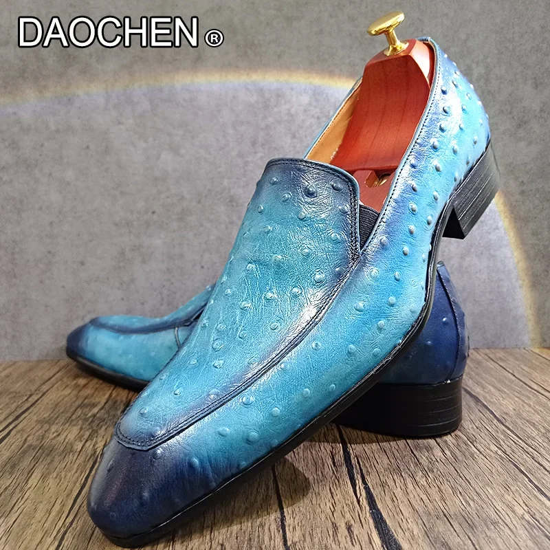 LUXURY MEN LOAFERS SHOES BLUE BLACK POINTED TOE MENS DRESS LEATHER SHOES OSTRICH PRINT PARTY WEDDING CASUAL SHOES MEN