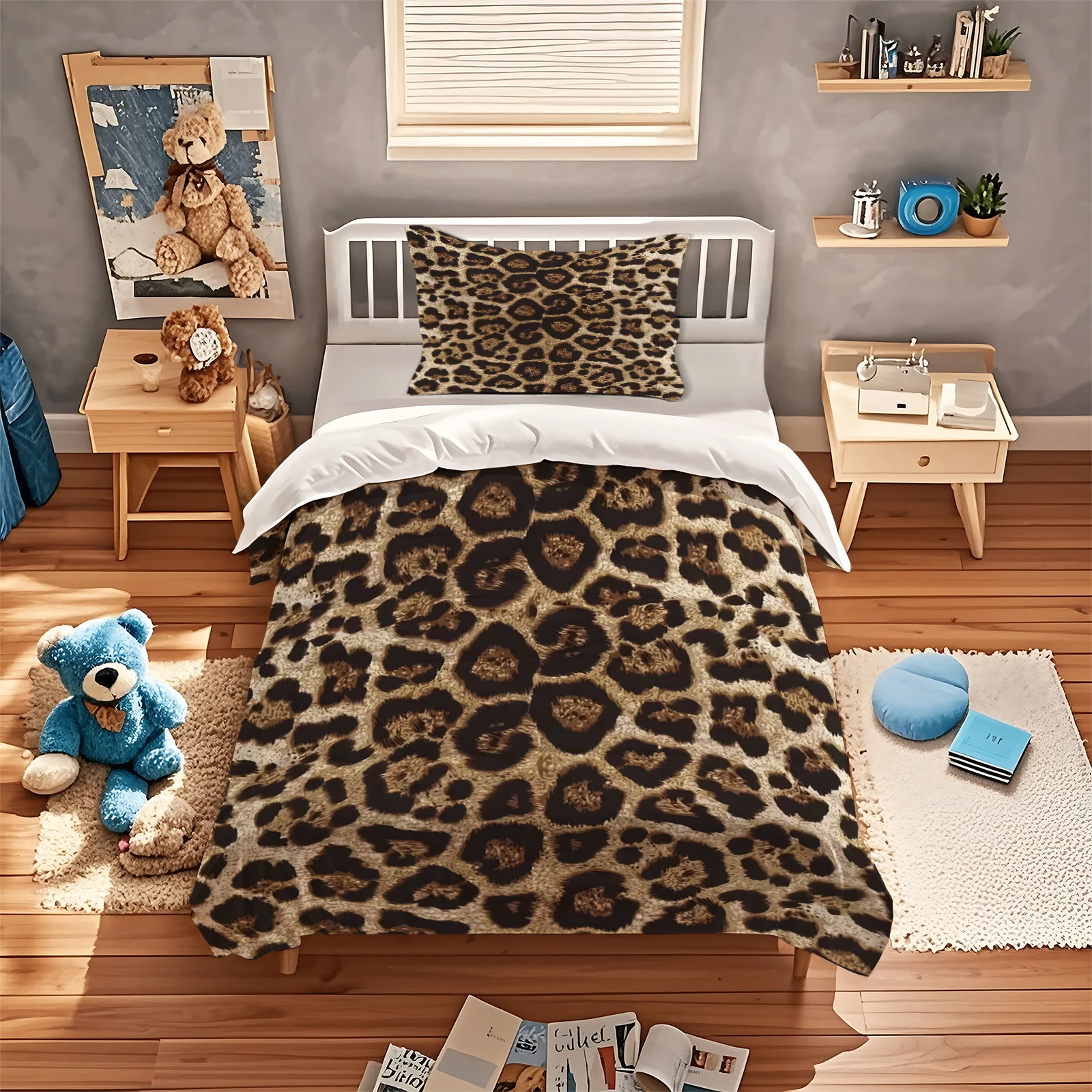 Vintage Leopard Print Duvet Cover Set Classic Brown Animal Skin Pattern Bedding Set Zipper Quilt Cover with Corner Ties Decor