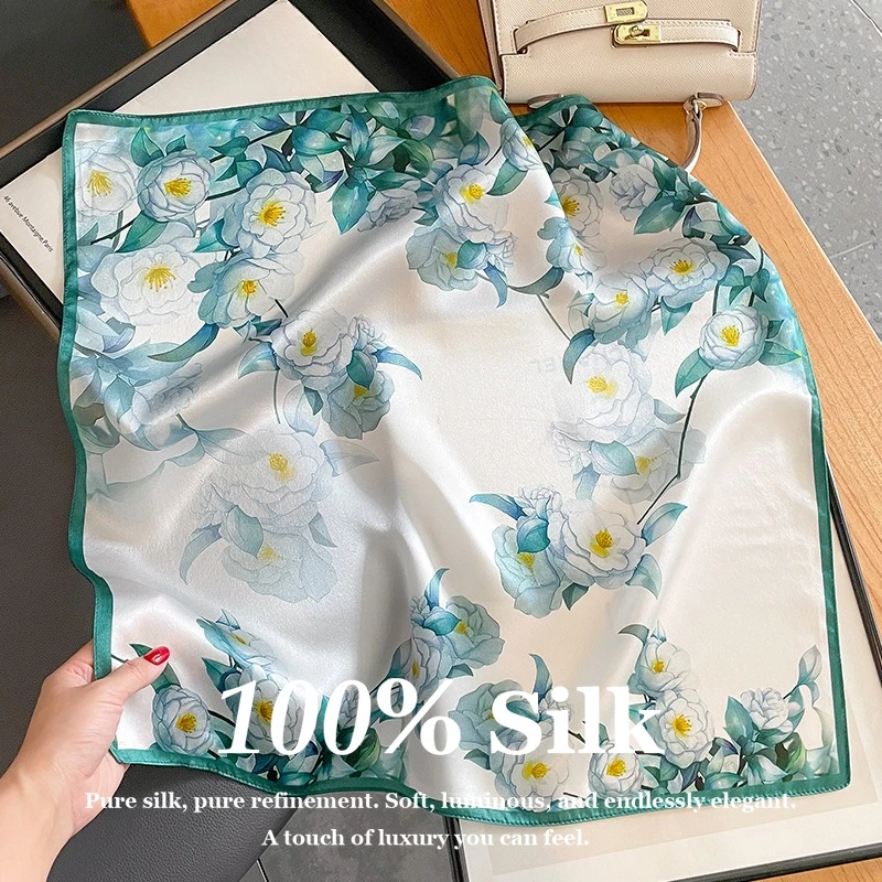 100% Real Silk Scarf 53cm Small Square Neckerchief Hijab Summer Fashion 2026 Print Decorative Hair Wrist Scarf Bandana Hairband
