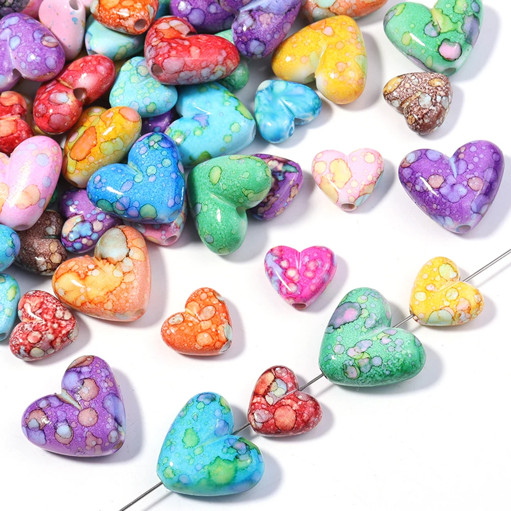 10-20pcs Colorful Painting Heart Acrylic Beads Mixed Color Loose Beads For Jewelry Making DIY Necklace Earrings Phone Key Chain
