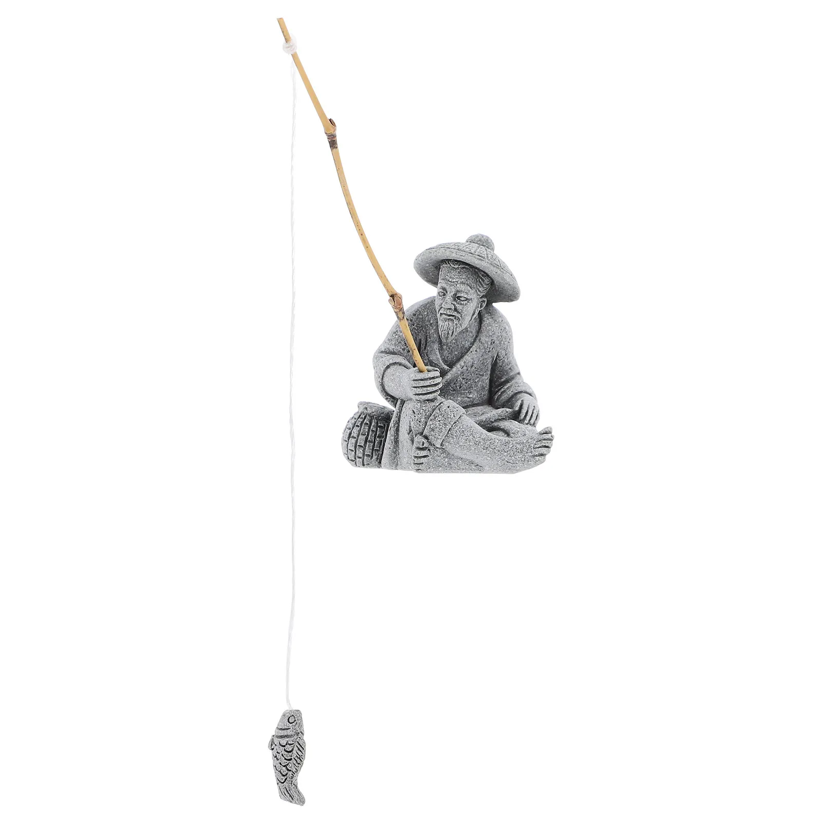 Mini Fisherman Statue Sandstone Sitting Bonsai Decoration Small Fishing Sculpture Home Decor Fisherman Statue