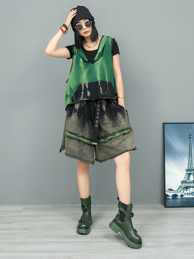 Personalized Fashion Short Set Women 2024 Autumn New Tie Dye Distressed Hooded Cotton Vest + Wide Leg Short Two Piece Set LX2329