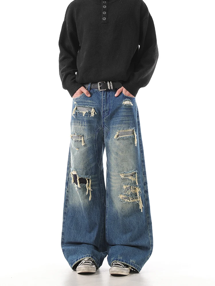 

Vintage American Street Sle Men's Jeans Faded Patchwork Fake Hole Design Loose Straight Leg Wide Leg Cool Pants