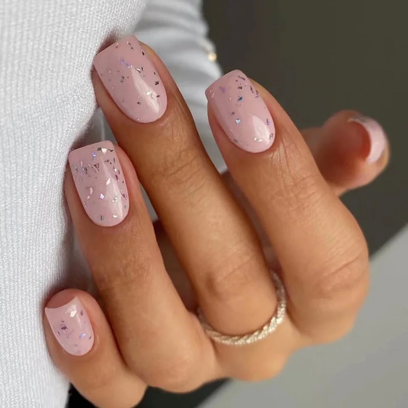 Naakt roze nepnagels kort vierkant druk op nagels zoete vrouwen meisjes bedels manicure draagbaar volledige dekking kunstnagels tips 24 stuks