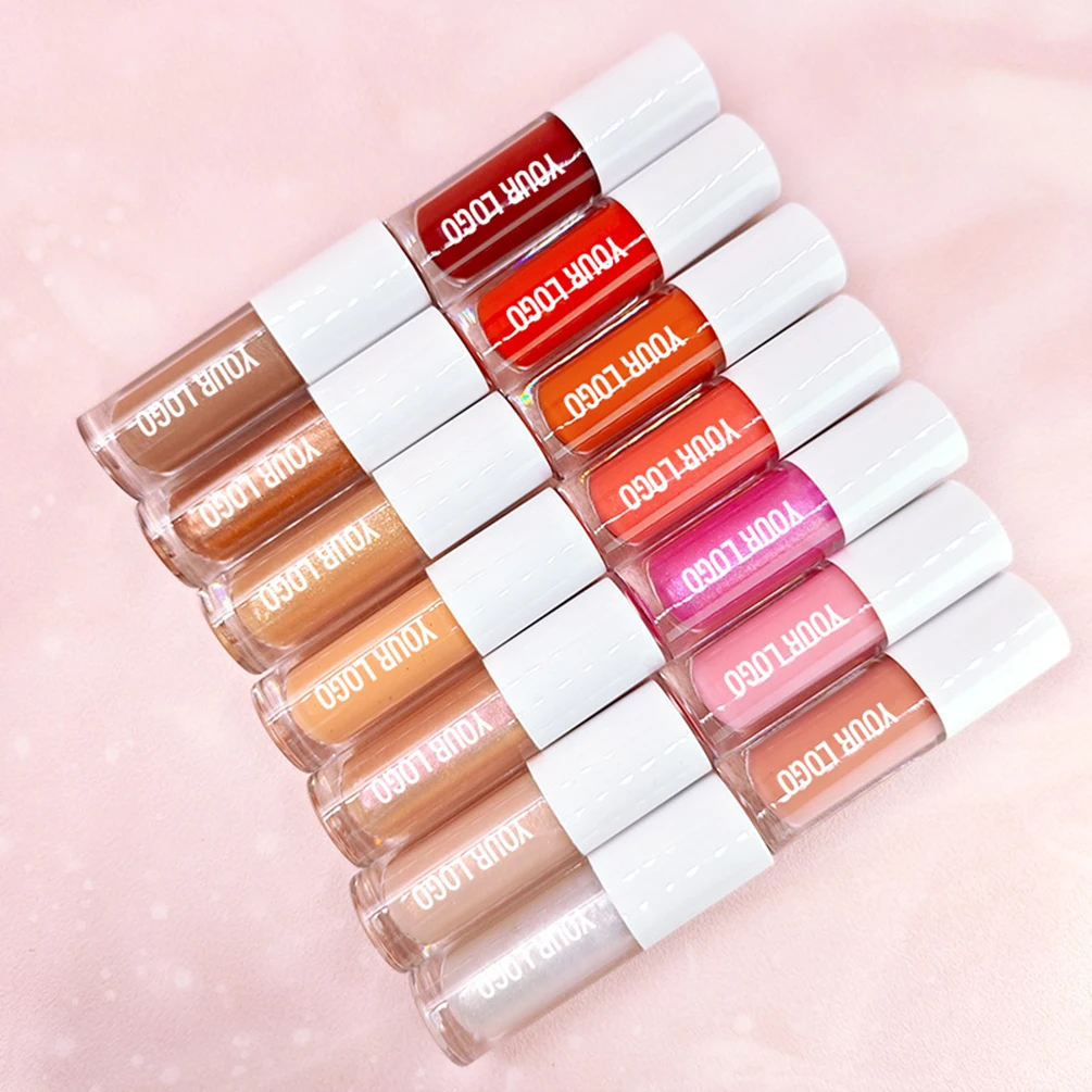 14colors Dewy Lip Oil Wholesale Custom Logo Pigment Long-lasting Mirror-Finish Pearlescent Private Label Makeup Round Lid Vegan