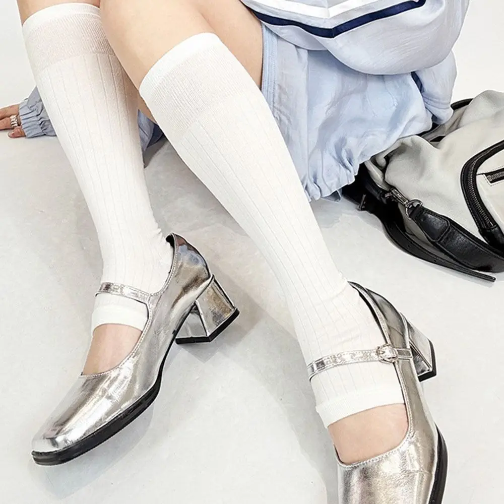 Calcetines hasta la pantorrilla Sweet Lolita JK, calcetín hasta la rodilla transpirable de Color sólido, medias ultrafinas de tubo medio de estilo japonés para niñas dulces