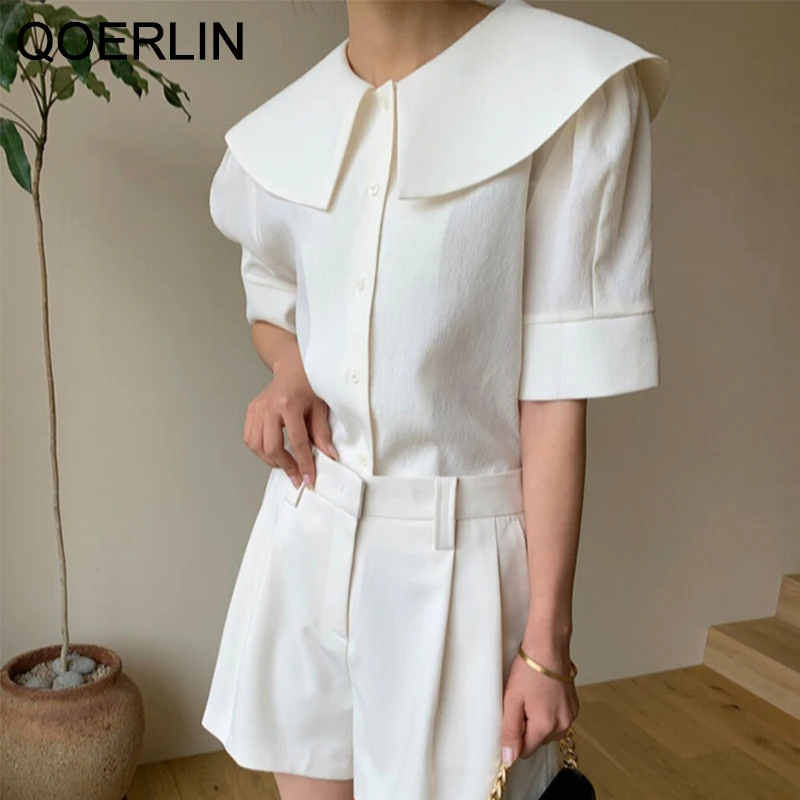 QOERLIN Retro Big Lapel Ladies Tops Summer Short Sleeve Loose Shirt White Elegant Button Up Blouse Women Blusas Chic Workwear