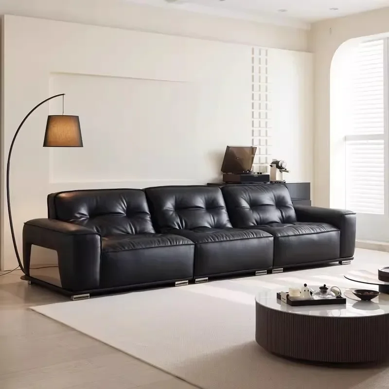 Italian minimalist leather sofa big black cow sofa living room 2.0 thick semi-green leather black gold steel sofa