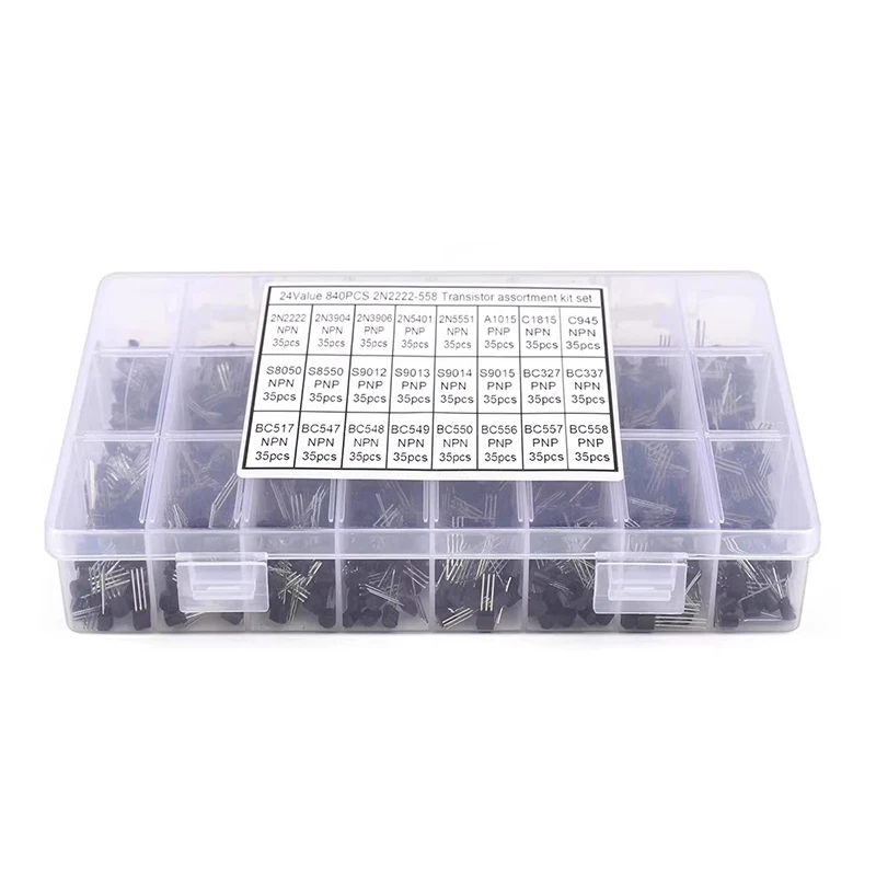 840 Pcs 24 Values Transistor set NPN PNP Transistors BC327 BC337 BC517 BC547 BC548 BC549 BC550 BC556 BC557 BC558 2N2222 2N39042