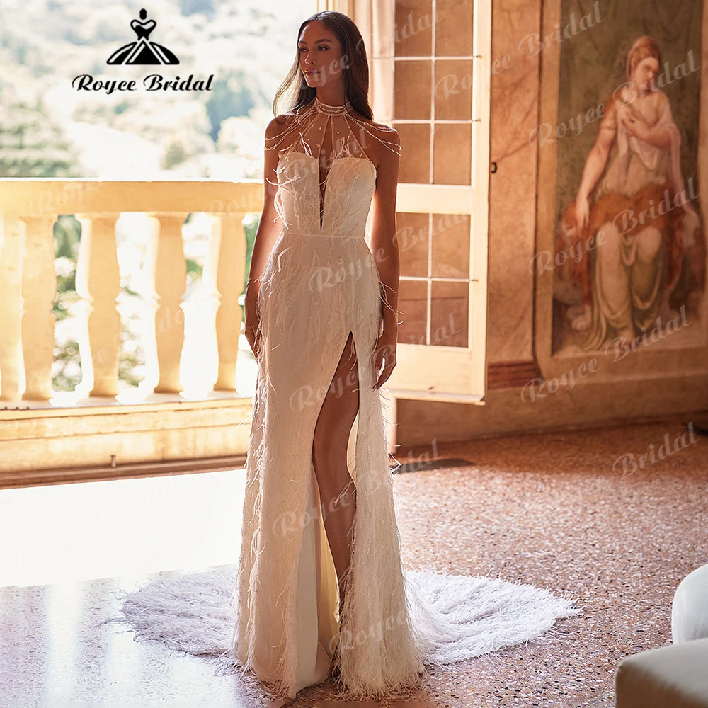 High Neck Sheer Mesh Feather Wedding Dress with Beaded Chain Straps High Slit Modern Bridal Gown with Chapel Train Customizable