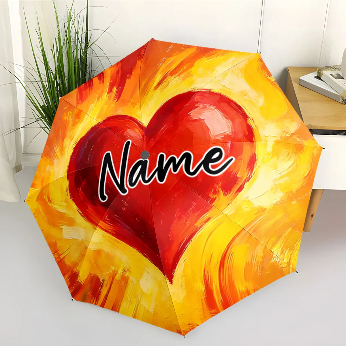 Custom Name Custom Heart Design Umbrella for Stylish Weather Protection 8 Iron Ribs Folding Umbrella Auto-Open Fashion Sunshade