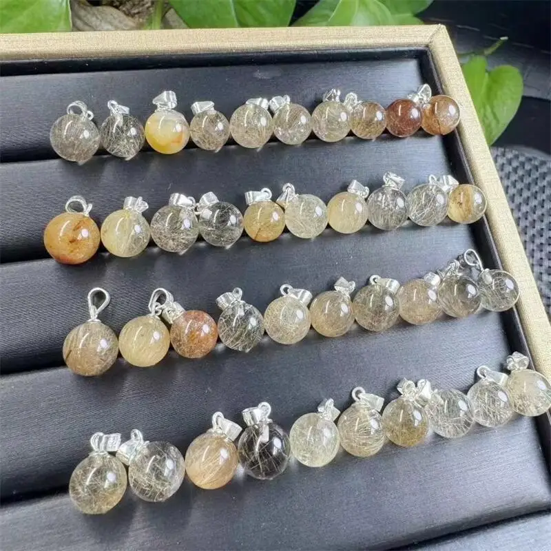 

S925 Natural Gold Rutialted Hair Quartz Bead Pendant Figurine Healing Fengshui Reiki Lucky Festival Gift 2PCS 9MM
