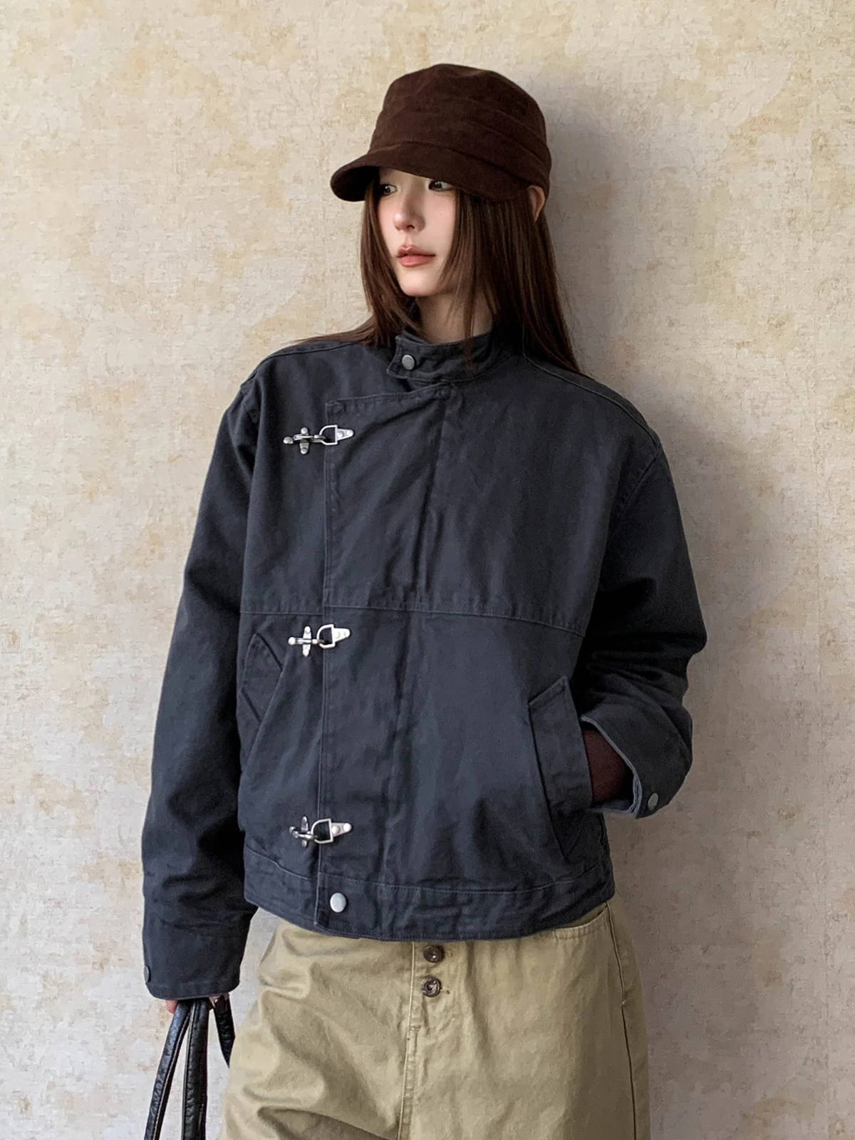 

Aket American Retro Jaet Women's Wide Stand Collar ort Coat Vintage Workwear Button Design Cotton Long Sve Coat