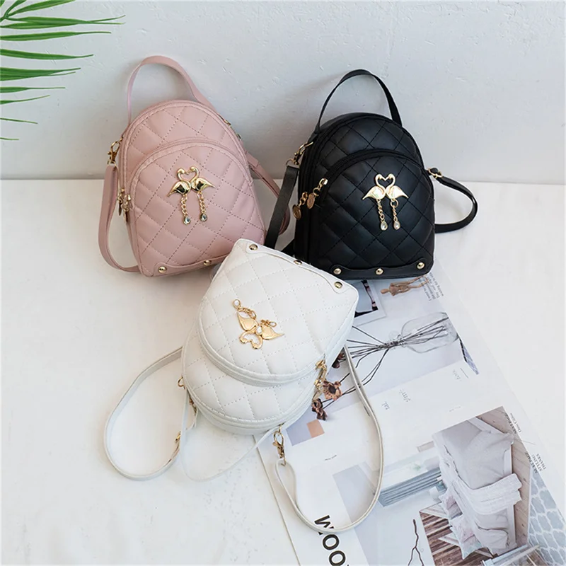 Mini mochila de doble capa con colgante de borla de cisne para mujer, estudiante de rombos, moda