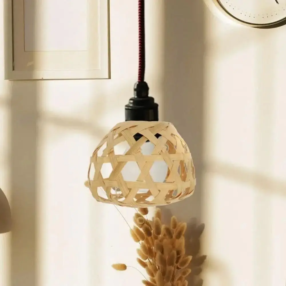 

Rustic Bamboo Cage Woven Bamboo Lamp Shade Small Hexagonal Eyes Bulb Lampshades Hanging Vintage Chandelier Cover Pendant Light