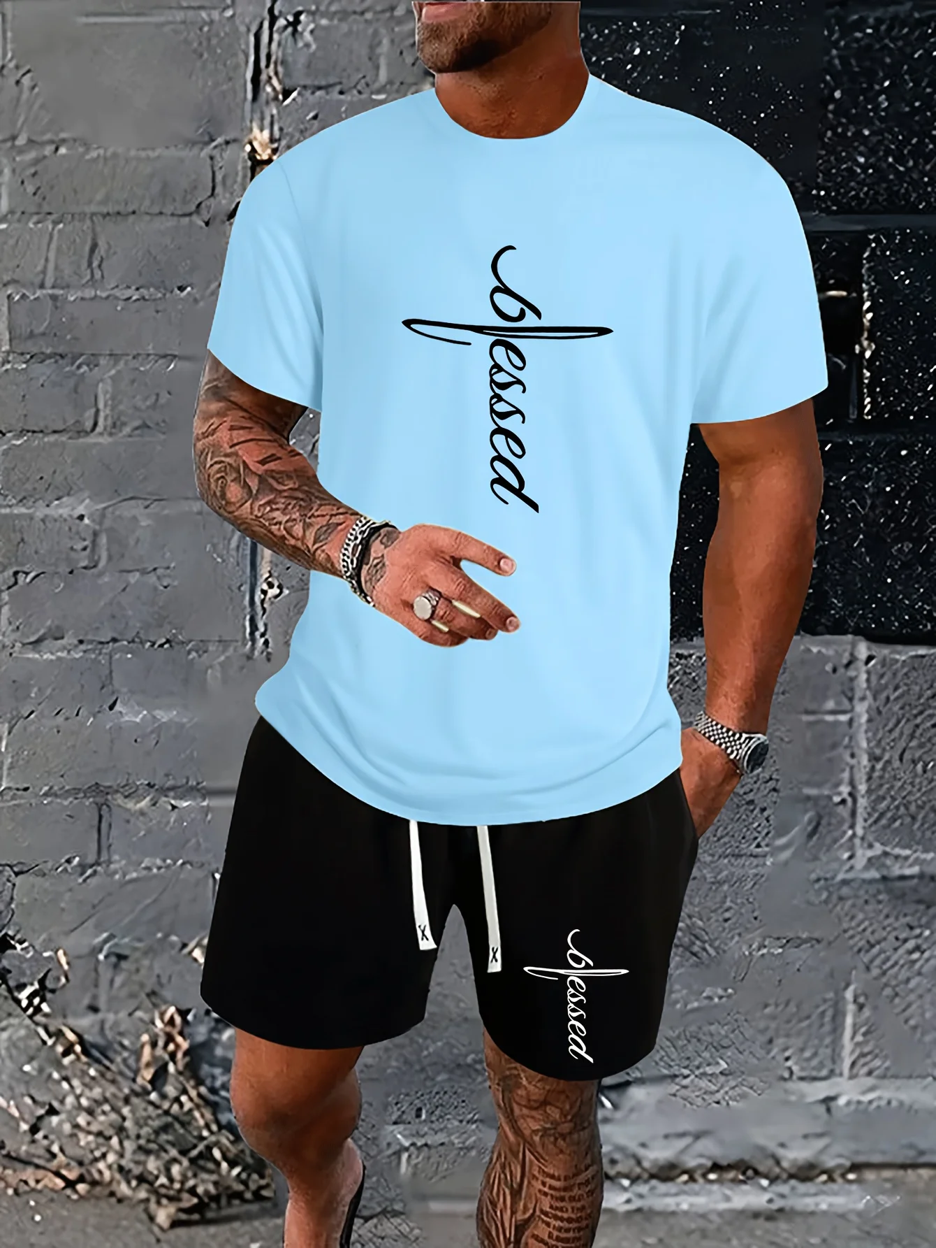 Oversized Men's Fashion Cross Print T-Shirt and Shorts Set Breathable Athletic Shorts with Side Pockets and Elastic Waistband