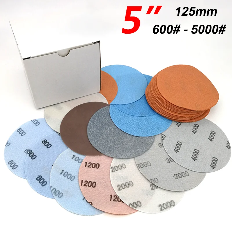 

5" 125mm Sandpaper Disc 1/5/10pcs Grit 600-5000# Dry/Wet Flocked Sanding Disc Hook&Loop Pad For Abrasive Grinding Polishing Tool