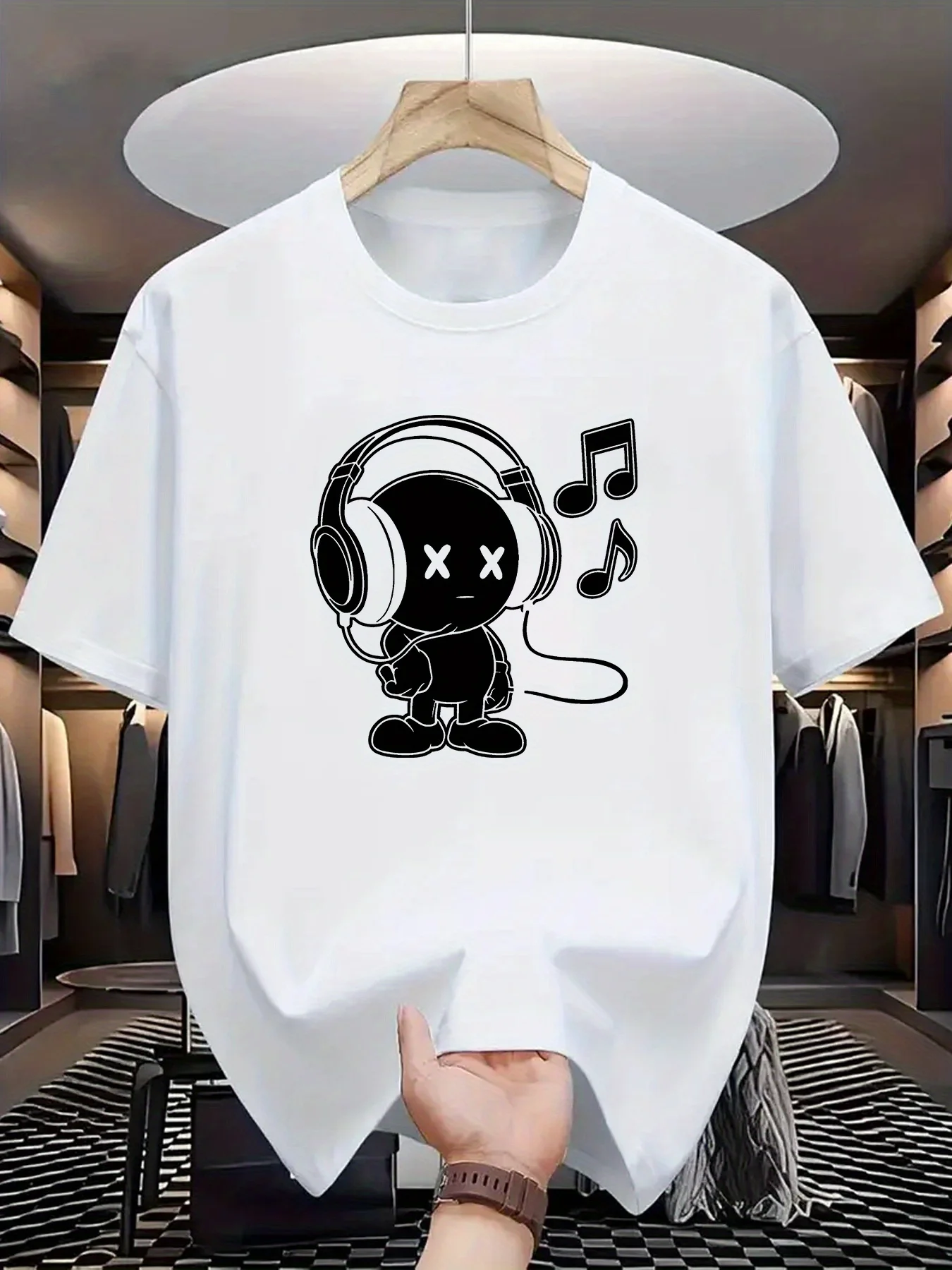 

Summer men's 100% cotton casual loose fit plus size music themed printed comfortable sports round neck short sleeved T-shirt top
