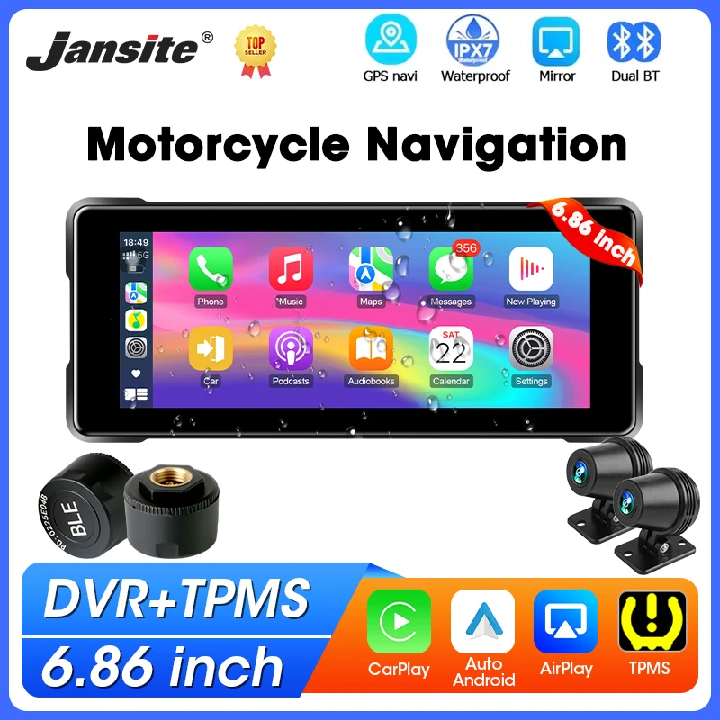 6.86 inch Motorcycle GPS Navigation Wireless Carplay Android Auto IPX7 Waterproof Display Dual Bluetooth Support DVR+TPMS
