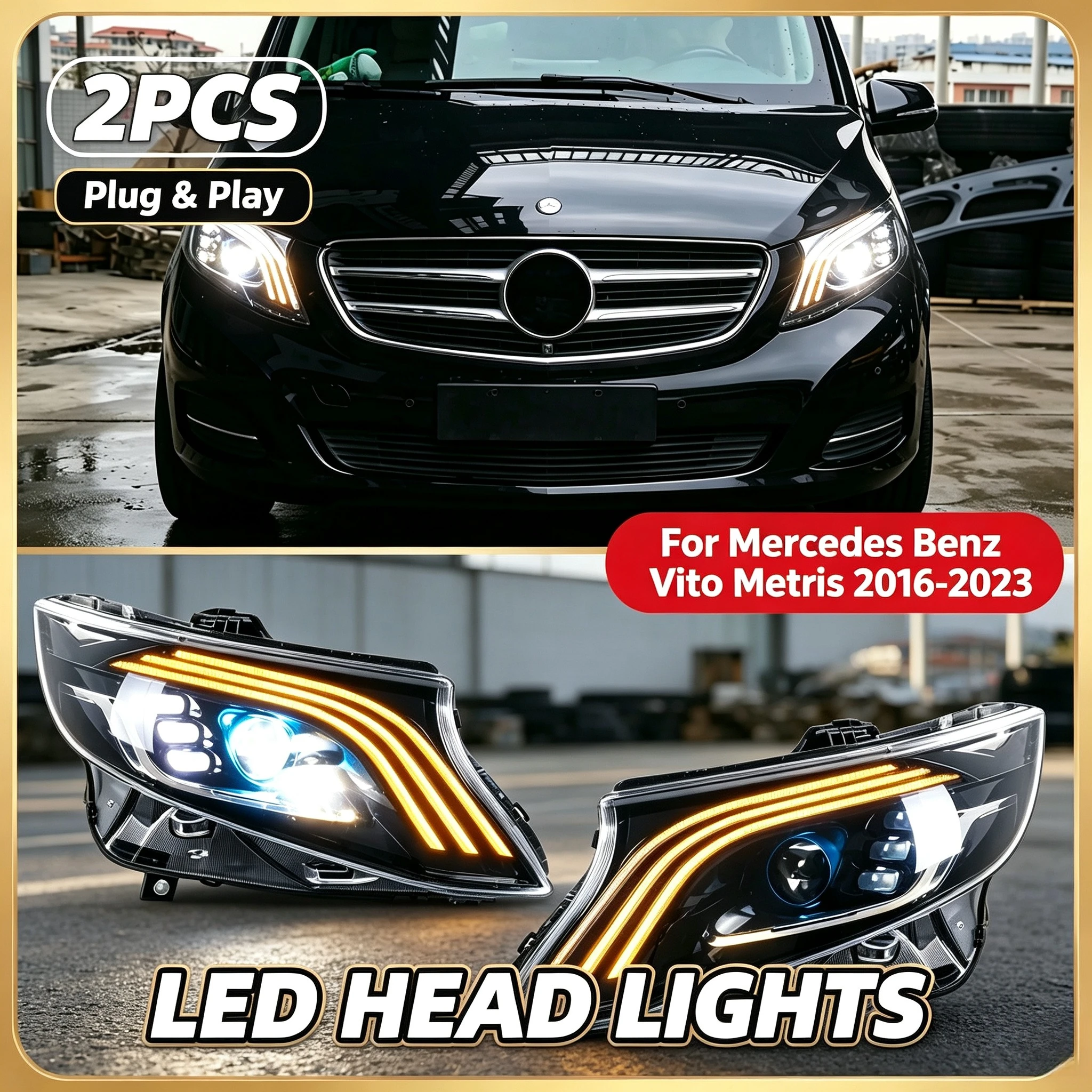 LED-Scheinwerfer für Mercedes-Benz Vito Metris 2016-2023, sequenzieller Blinker, Projektor-Frontscheinwerfer-Set, Paar