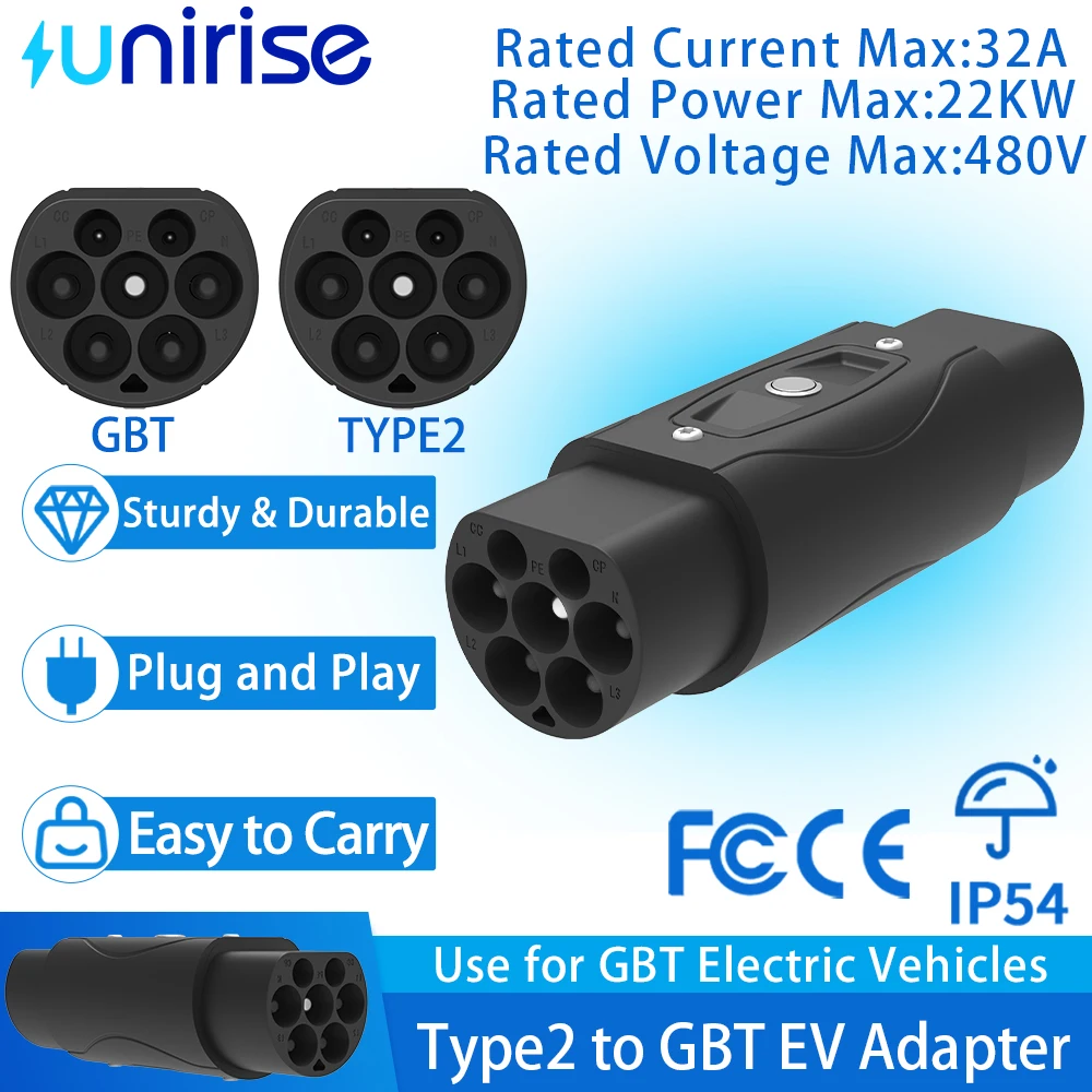 Adaptateur de chargeur de voiture Unirise EV Type 2 vers GBT 32A 22KW, convertisseur de charge rapide compatible avec les connecteurs d'adaptateur de voiture GB/T 20234