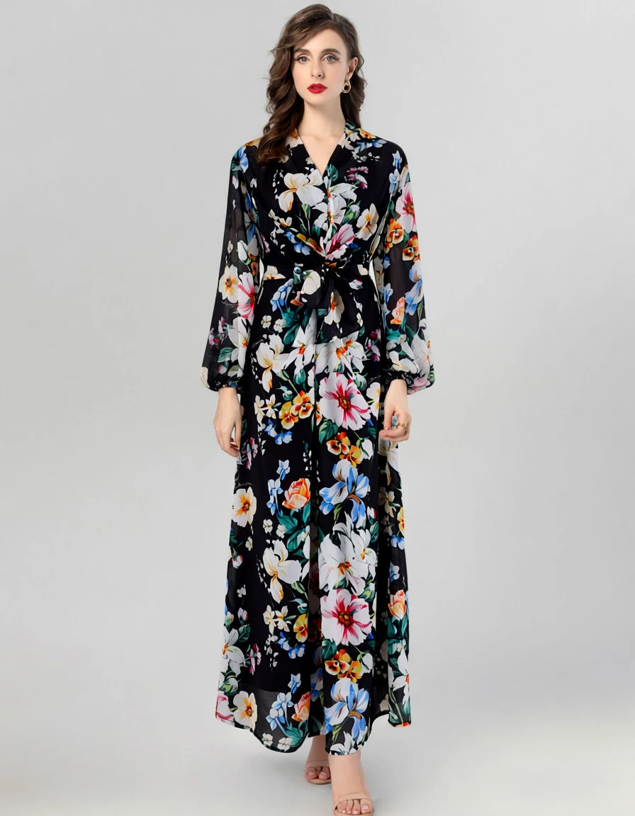Abito lungo da donna con stampa floreale nera - Abito avvolgente a maniche lunghe con scollo a V e cintura da annodare Abiti firmati