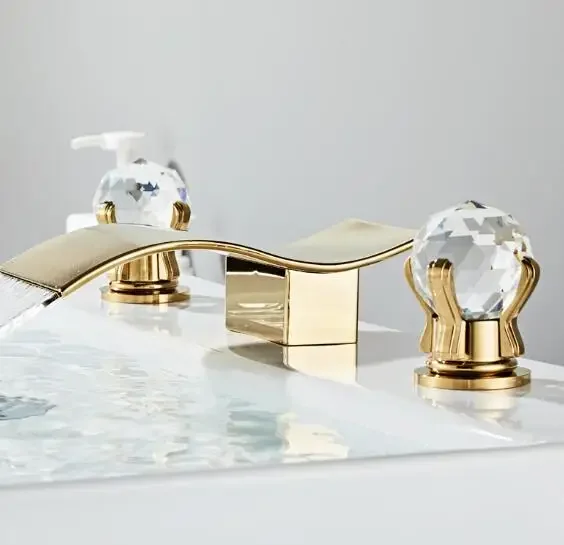 

New Design 3 Holes Modern Brushed Gold Crystal Handles Basin Taps Waterfall Bathroom Sink Faucet for Bathroom