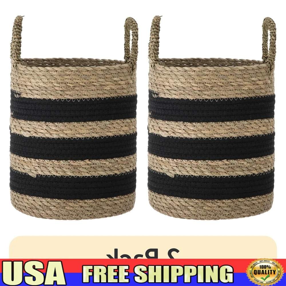 

11 Inch Black Natural Striped Rush Basket with Handles Decorative Storage Lightweight Round Design Home Decor Indoor Use